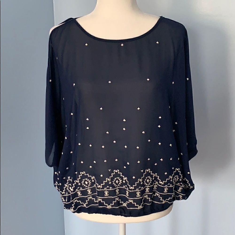 Raglan sleeve navy embroidered top